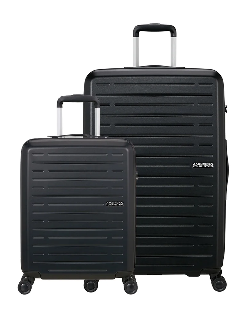 Aerojoy Suitcase, 2pc Set (55 + 80 cm), 4 Spinner Wheels, Hard Top, ABS, Black|TSA Lock|Inner Mesh Zippered Divider|Cross Ribbons|Lightweight|Expandable - 3 Years International Warranty